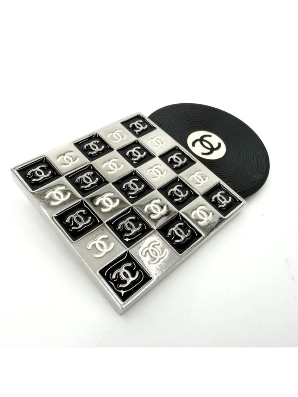 Chanel Brooch CC Logo Record Motif 04P Silver Black